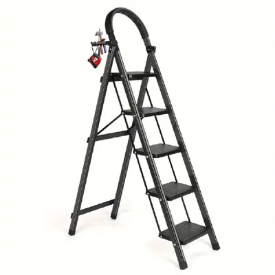 5 Step Ladder, Folding Step Stool With Tool Hook, Wide Non-Slip Pedals, Sturdy Steel Ladder With Maximum Carrying Capacity Of 400 Pounds, Light Portable Ladder, Tall Household Step Ladder, Black