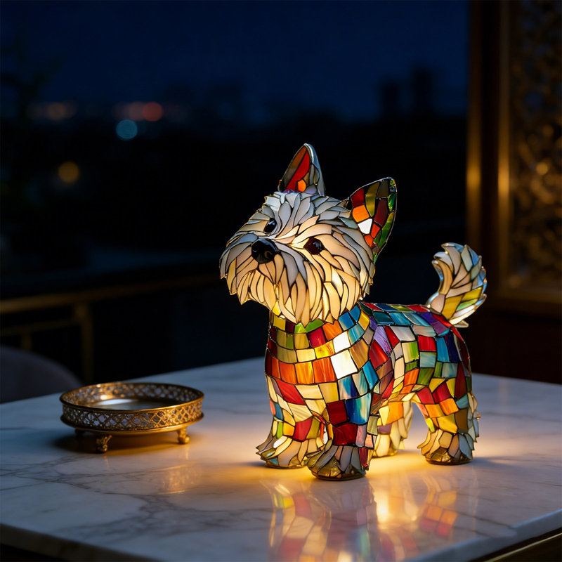 Lampe de table pour chien en verre coloré avec motifs en résine, veilleuse à DEL USB en forme d'arc-en-ciel, idéale pour la chambre ou le bureau. Cadeau décoratif parfait pour les amoureux des chiens et des animaux de compagnie. Convient également aux chats.