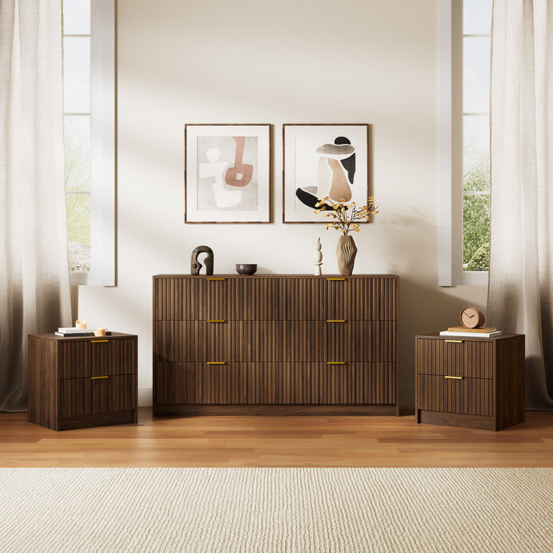 Ensemble de chambre à coucher 3 pièces - commode 6 tiroirs et table de chevet 2 tiroirs, Dark Brown