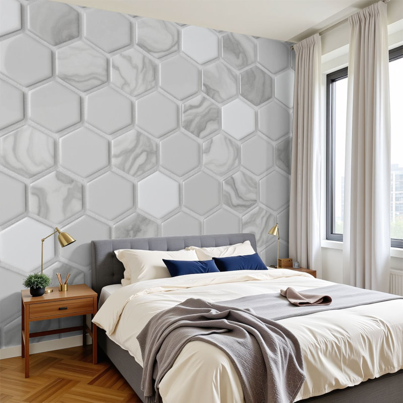 Papier peint adhésif mural moderne en marbre gris hexagonal à variations subtiles H 100 po x l 144 po, papier peint amovible en PVC pour le salon de la chambre à coucher