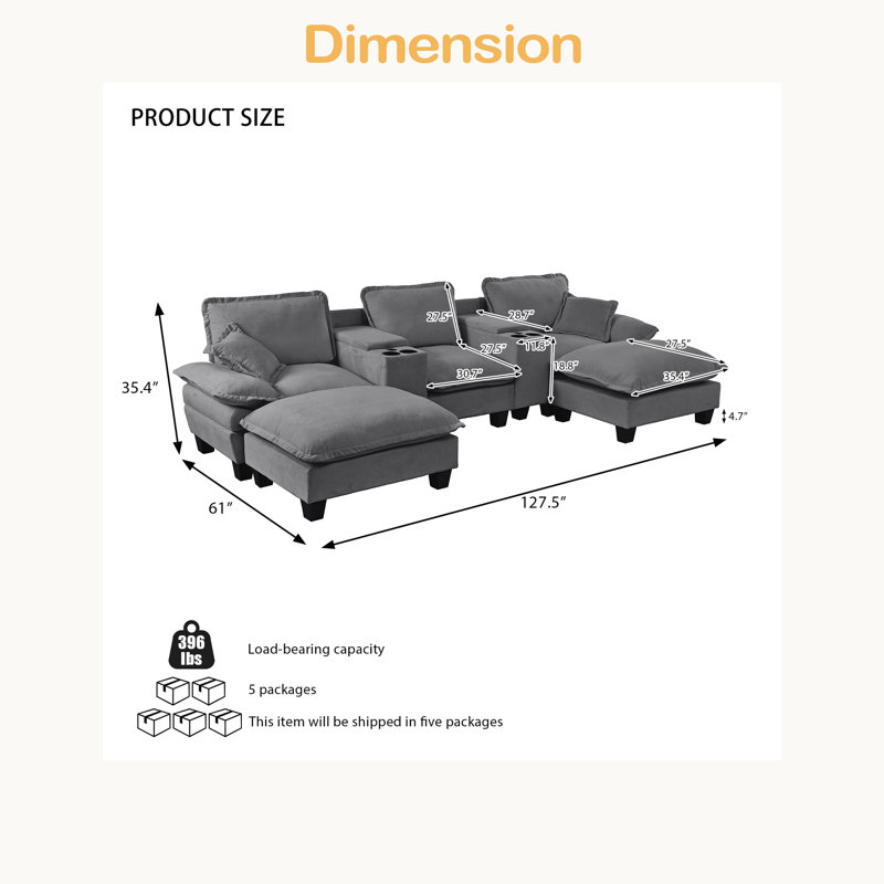 Canapé modulaire Cloud, canapé voilier en forme de U avec porte-gobelets et rangement, port USB, 2 repose-pieds et 2 coussins