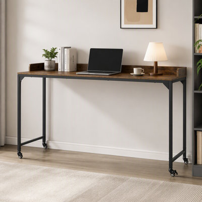 Rustic Brown Wood Finish Multipurpose Over the Bed Desk with Adjustable Height, Metal Legs with Casters, Overbed Table 1pc, Laptop Table for Bed, Brea