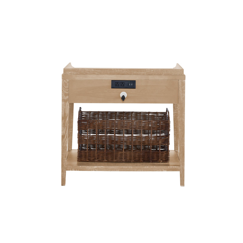 1 - Drawer Nightstand with Wicker Basket, Rustic Natural Oak