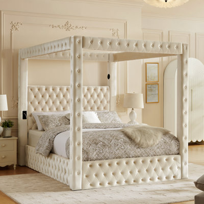 Lit à baldaquin Queen Size, sommier tapissé de velours avec tête de lit capitonnée, haut-parleur Bluetooth intégré, ports de chargement USB-A et USB-C, sommier robuste, beige