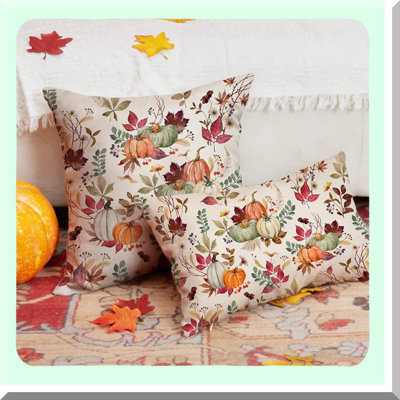 Autumn Harvest Pillow Covers - Set of 2 Decorative Throw Pillow Covers with Pumpkin, Maple Leaf, and Flower Designs for Fall Farmhouse Decor