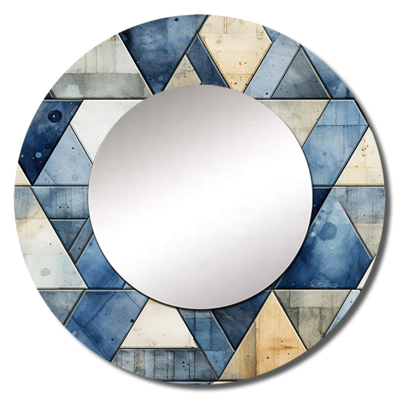 Rollon rustique cobalt triangle symphonique - grand miroir mural géométrique, miroir décoratif rond moderne, impression d'art en métal