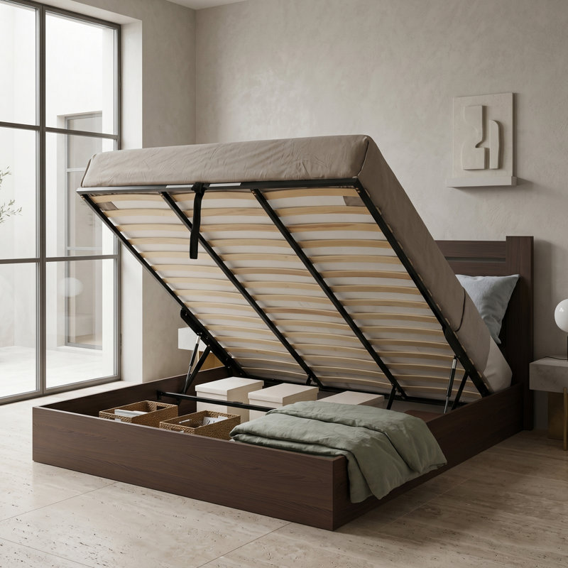 Lit plateforme moderne en bois avec tête de lit horizontale et rangement relevable, très grand, taupe, Très grand lit, Taupe