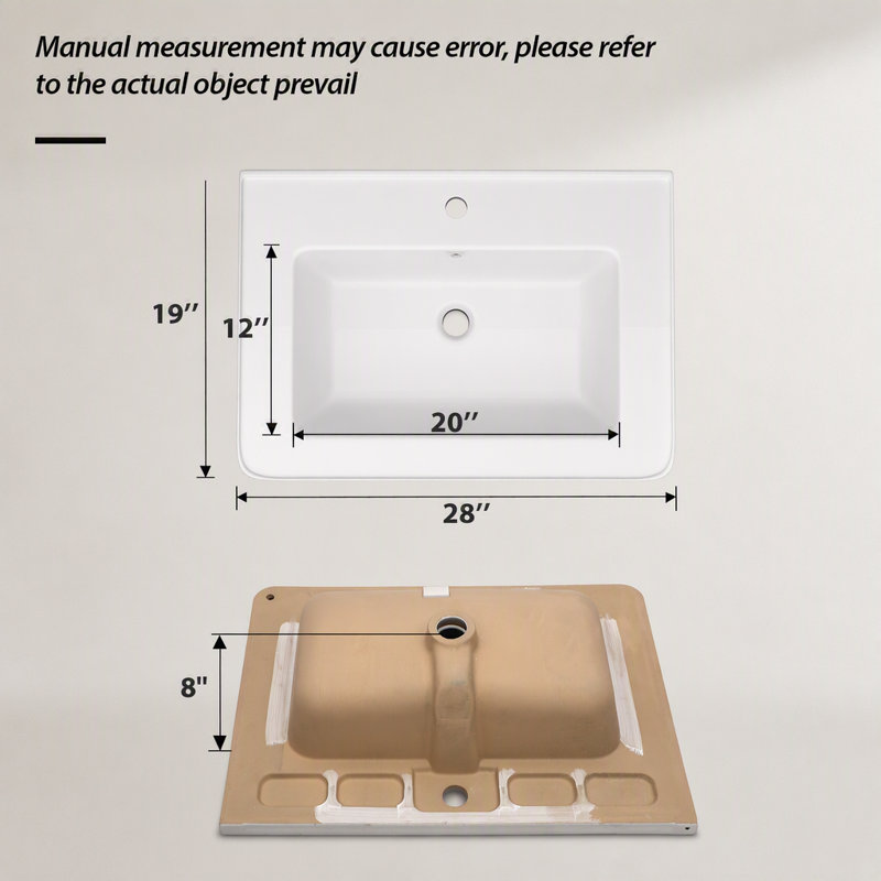 Plateau de meuble-lavabo simple blanc 28 po x 19 po avec 1 trou de robinet et trop-plein (lavabo seulement)