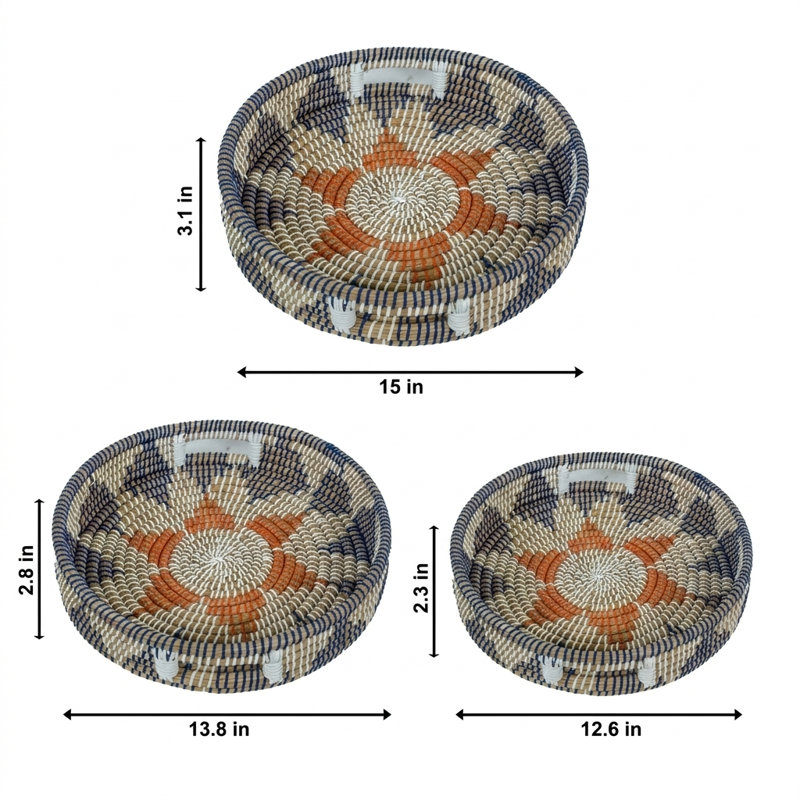 Rustic Kansgrass Multicolor Tray With Handles  (set Of 3), Cream