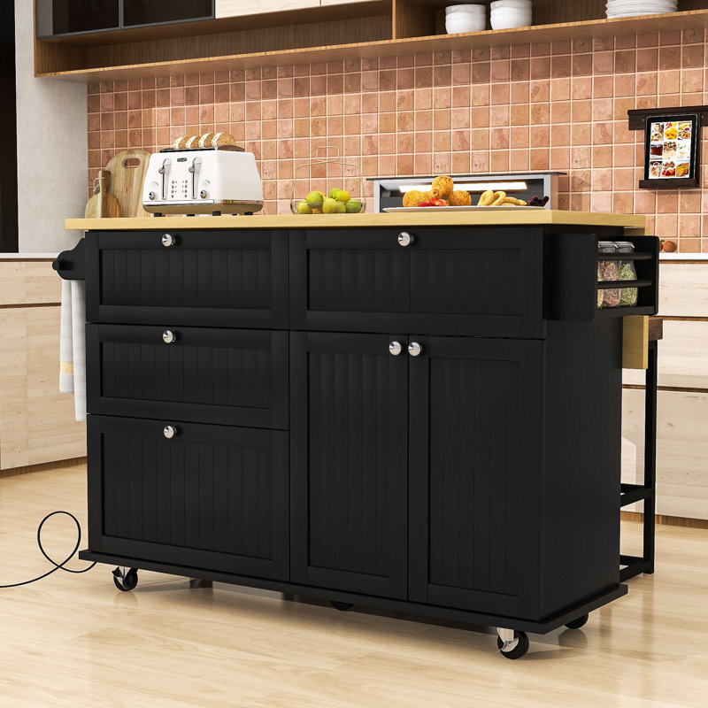 Rijwana 4 Drawers Kitchen Island Set With Drop Leaf And 2 Seatings, Black