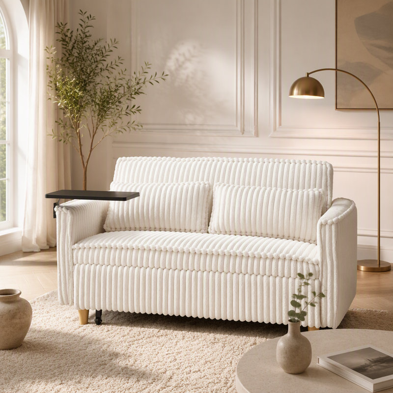 Canapé transformable en velours côtelé beige avec plateau mobile et ports USB pour les salons et les chambres