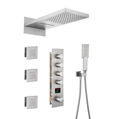 4-Function Digital Display 22" Wall-Mount Thermostatic Complete Shower System with 3 Body Jets
