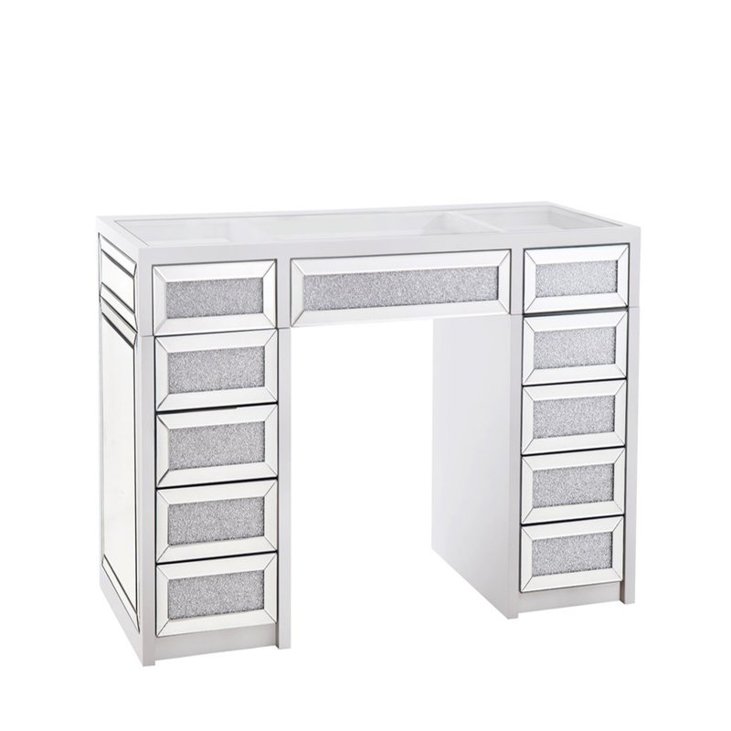 Table de meuble-lavabo à motif de diamants écrasés, bureau de coiffeuse avec 11 tiroirs à pousser et plateau en verre trempé transparent Slay Station 