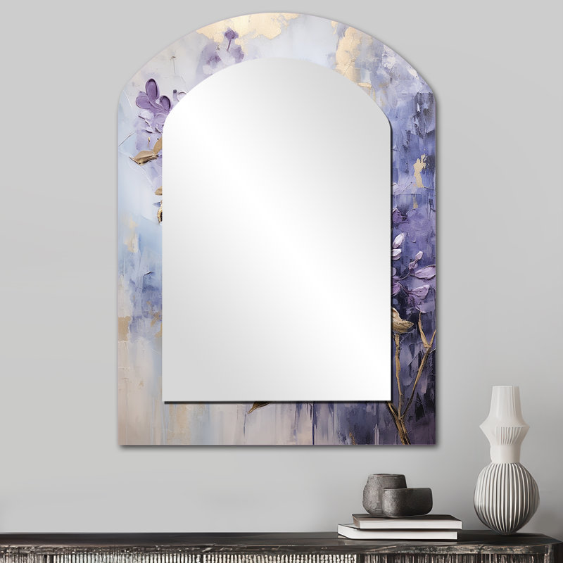 Purple And Gold Pastel Lilac Dreams I - Lilacs Arch Decorative Mirror, Traditional Asymmetrical Large Wall Mirror, Printed Metal Art