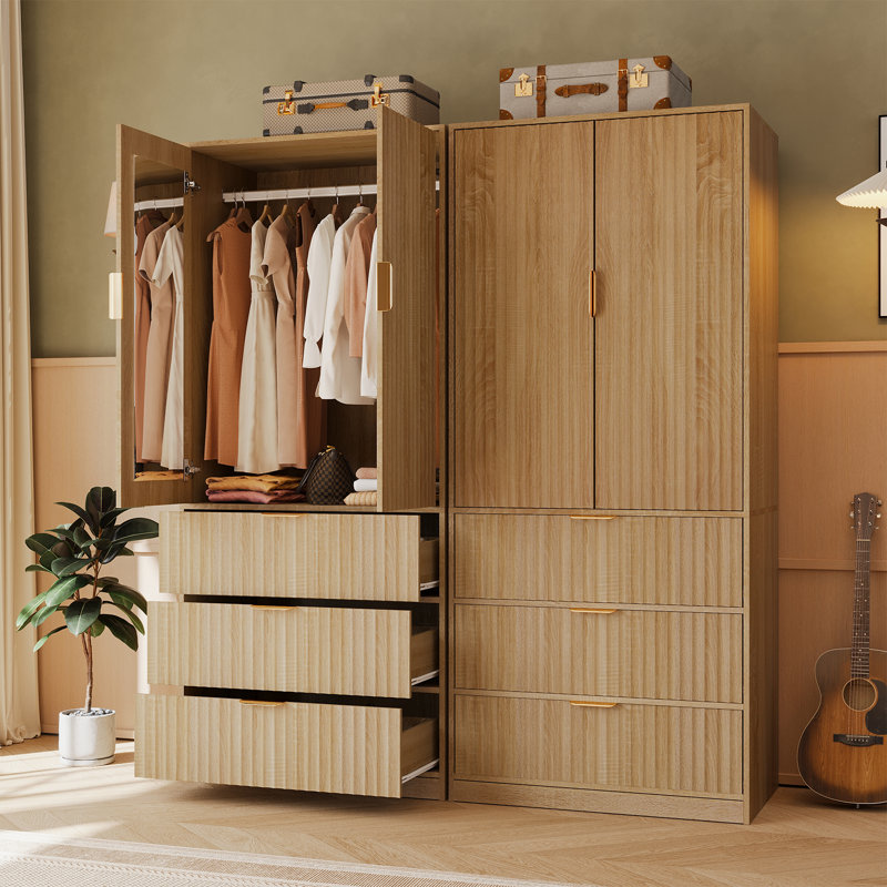 Armoire-penderie de 70,9 pouces de hauteur, armoire à 2 portes avec miroir intégré, armoire à 3 tiroirs (ensemble de 2)