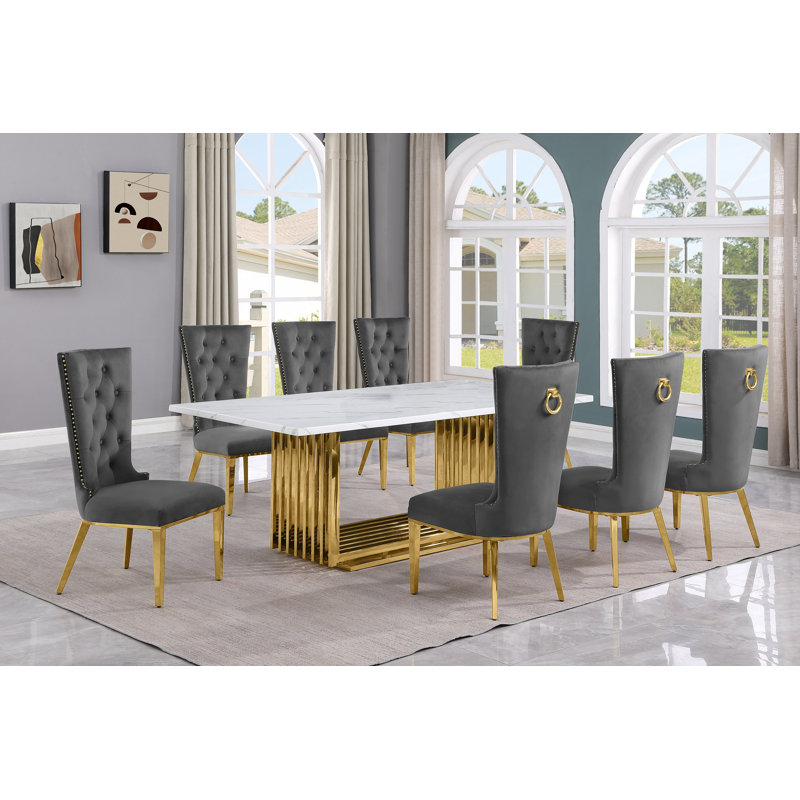 Barkhamsted Marble Top Pedestal Dining Set, 9, Grey/Gold, Gold