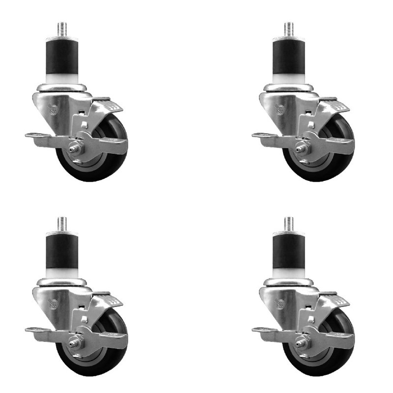 Ensemble de roulettes extensibles pivotantes en polyuréthane noir de 3 po à 1 1/8 po avec frein SCC