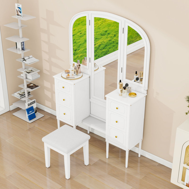 Makeup Vanity Desk with Triple Mirror, 6 Drawers, Shelf and Upholstered Stool