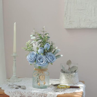 Faux Flowers with Vase,Artificial Silk Roses in Vase, Fake Plant Eucalyptus Flower Arrangement for Home Office Farmhouse Bathroom Dining Table Centerpiece Decorations Coffee Table Decor