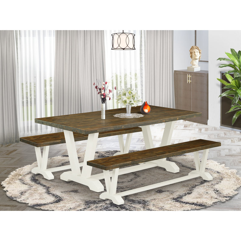 L'ensemble de table de salle à manger 3 pièces contient une petite table de cuisine et 2 bancs de table - plateau de table jacobien vieilli et lin brossé blanc