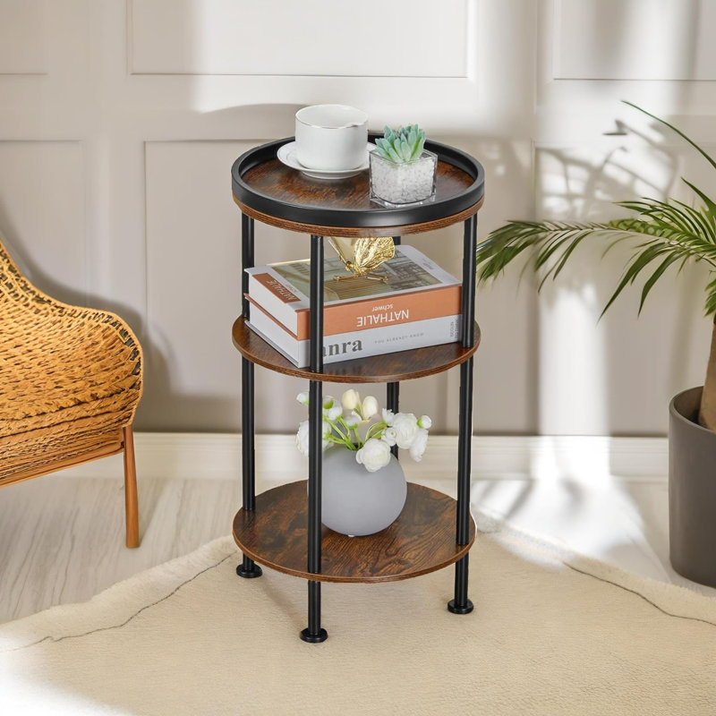 Alamar Rustic 3 Tier Side Table with Storage Shelves, End Table, Living Room