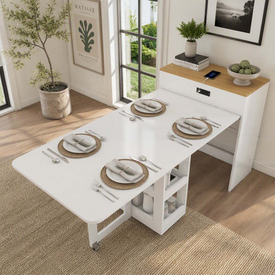 74-inch Extendable Dining Table with Power Socket, Lockable Casters, and Storage Cabinet for Small Spaces