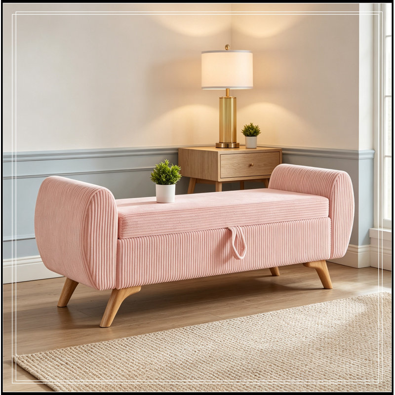 Banc rembourré en velours côtelé avec rangement rabattable, Noir
