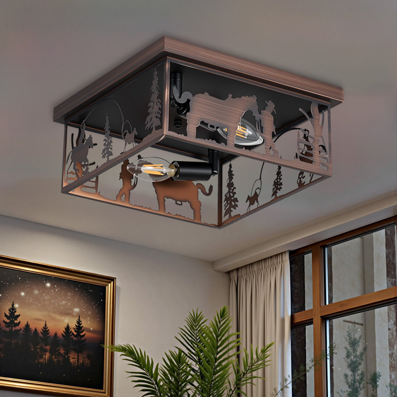 11.2-in 2 - Light Farmhouse Semi Flush Mount Rustic Bronze Ceiling Fixture With Cowboy Horse Square Shade, Oil Rubbed Bronze
