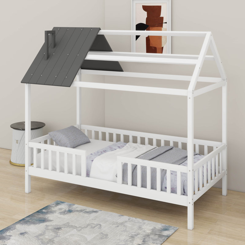 Lit simple en bois avec clôture, Blanc / gris