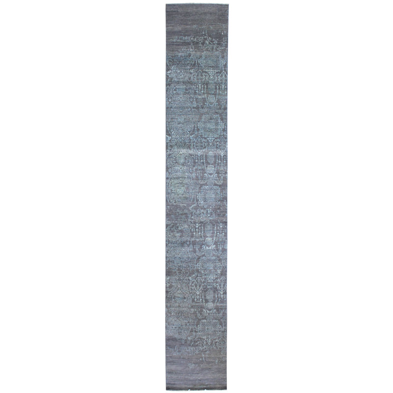 Erased Wool Abstract Area Rug in Gray/Silver/Turquoise, Runner 2'4" x 14'1"