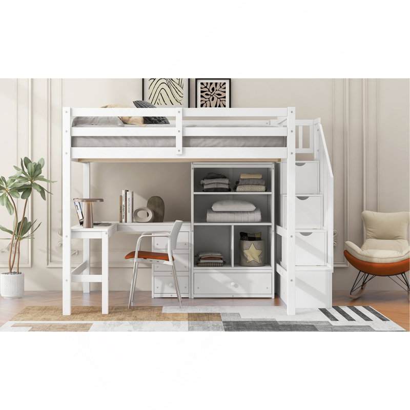 Lit mezzanine double avec bureau en L et tiroirs, armoire et escalier de rangement