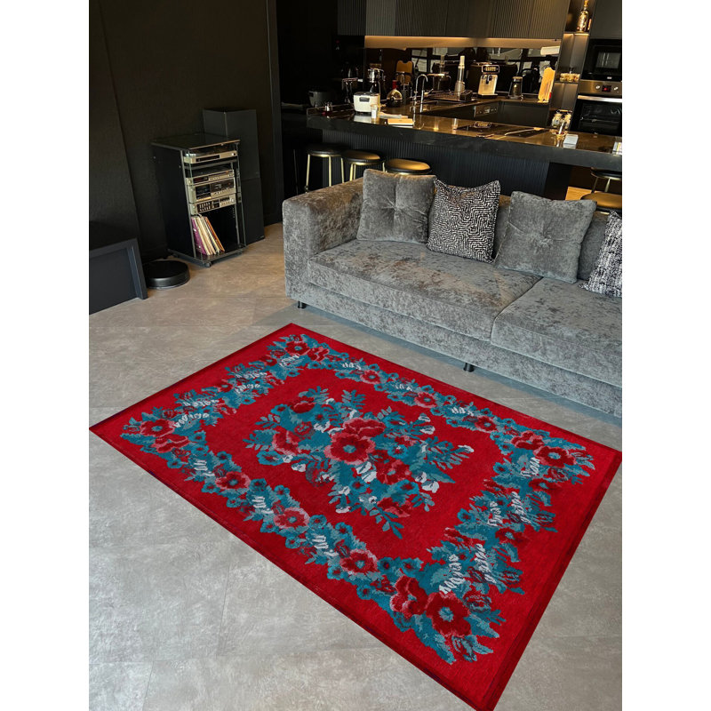 Tapis tissé à motif floral rouge et bleu Karabagh, Tapis de couloir 3 pi 3,37 po x 9 pi 10,11 po
