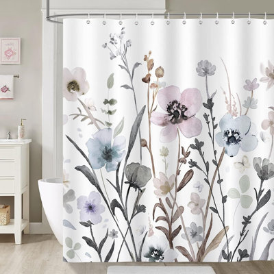 Watercolour Floral Shower Curtain with 12 Hooks