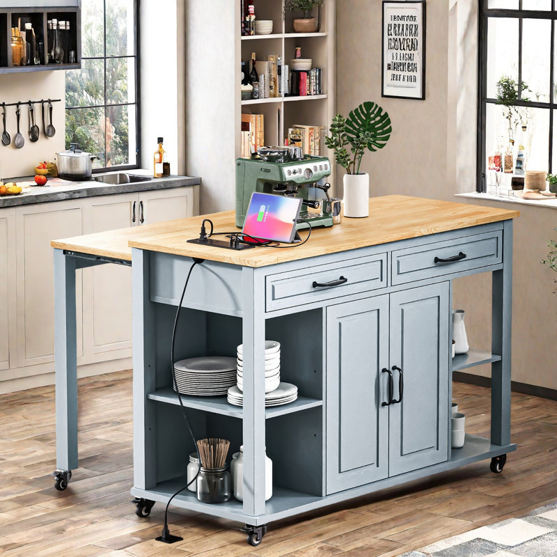 Kitchen Island With Extendable Dining Table, Internal Storage Rack, Power Outlet, 2 Drawers, 2 Cabinet And Open Shelves, Blue
