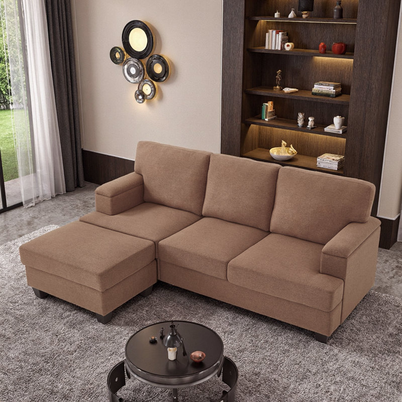 Canapé modulaire en L 86 po avec repose-pieds et canapé de rangement 3 places 86 po, Lin brun
