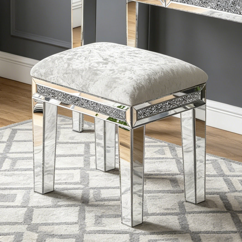Mikayil Glass Mirrored Accent Stool Diamonds Vanity Stool, Pearl White