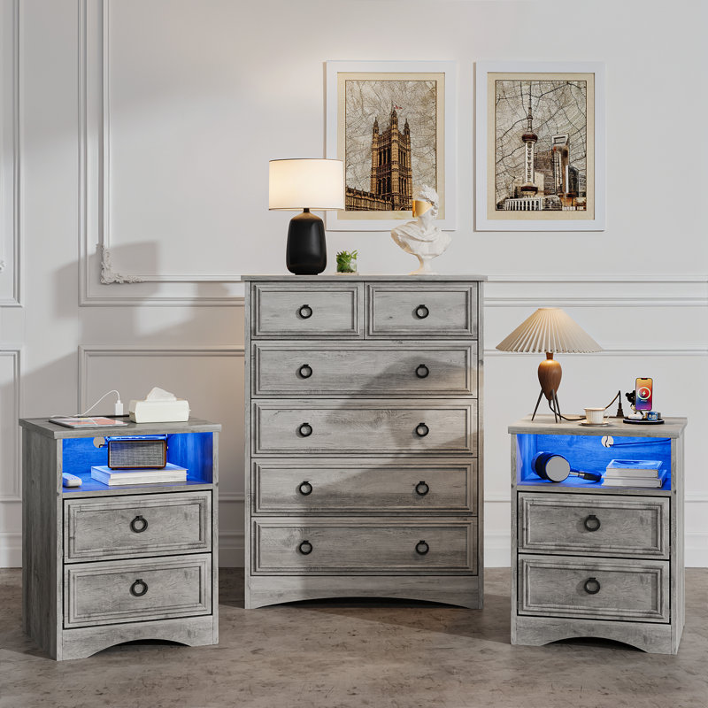 Ensemble de commode de chambre 3 pièces Lghm - Grande commode 6 tiroirs et deux tables de chevet 2 tiroirs avec station de charge, gris délavé