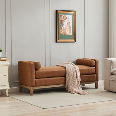 66.34"W Upholstered End of Bed Bench with Weathered Finish Wood Frame