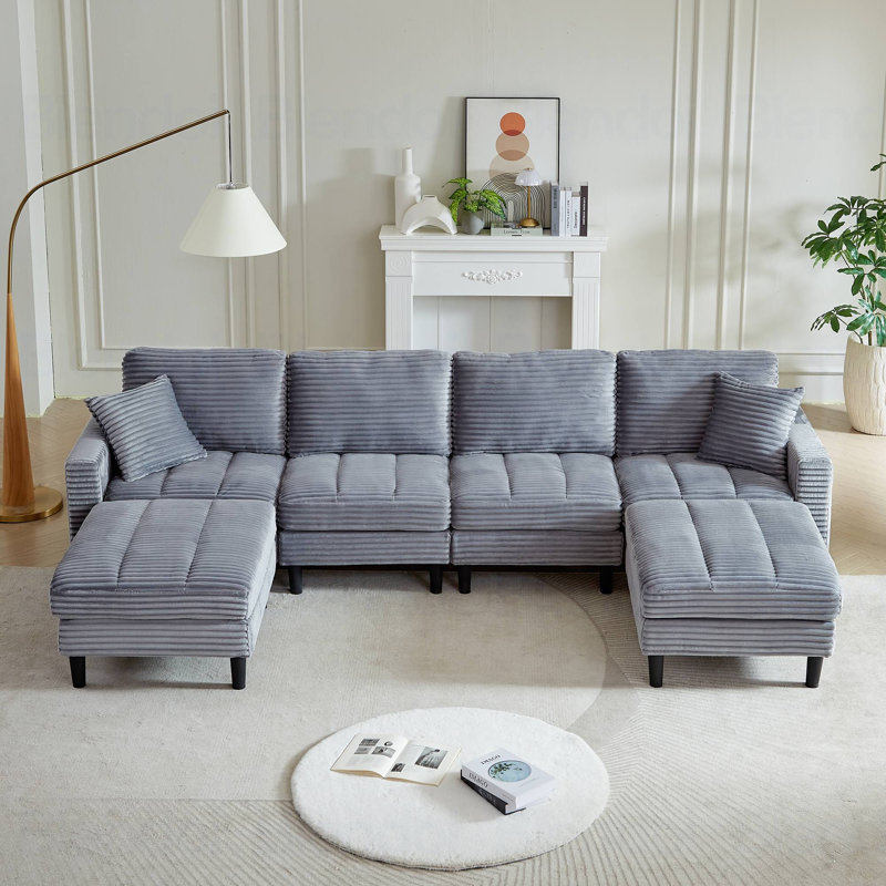 Canapé modulaire en U avec 2 coussins, Velours côtelé gris
