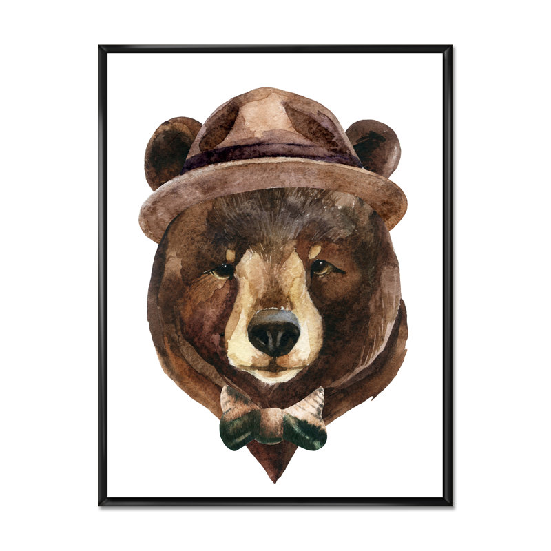 Portrait d'un ours avec un chapeau - œuvre d'art traditionnelle sur toile, H 32 po x l 16 po x P 1 po