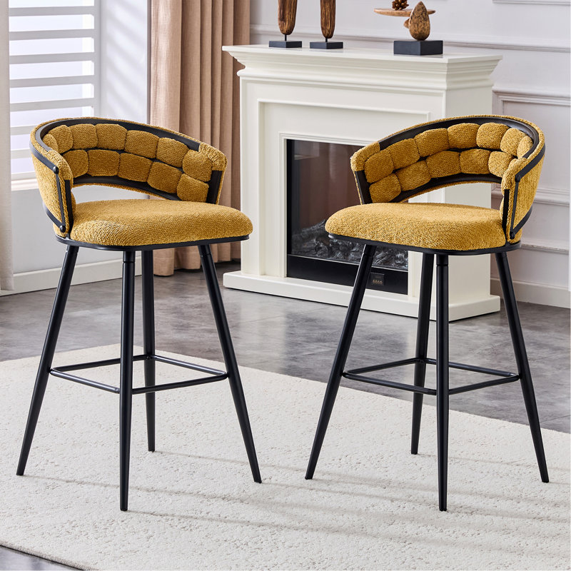 Ensemble de 2 tabourets de bar en chenille jaune avec pieds en fer noir, tabourets de comptoir modernes pour bar à domicile