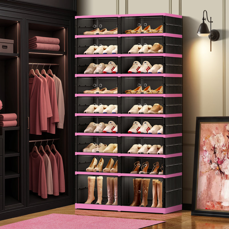 Armoire de rangement à chaussures empilable en plastique à 9 étages 18-36 paires pour l'entrée facile à assembler, Rose/noir