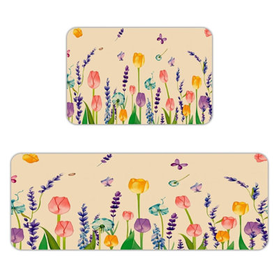 Tapis de cuisine antidérapant lavande et tulipe, 2 pièces