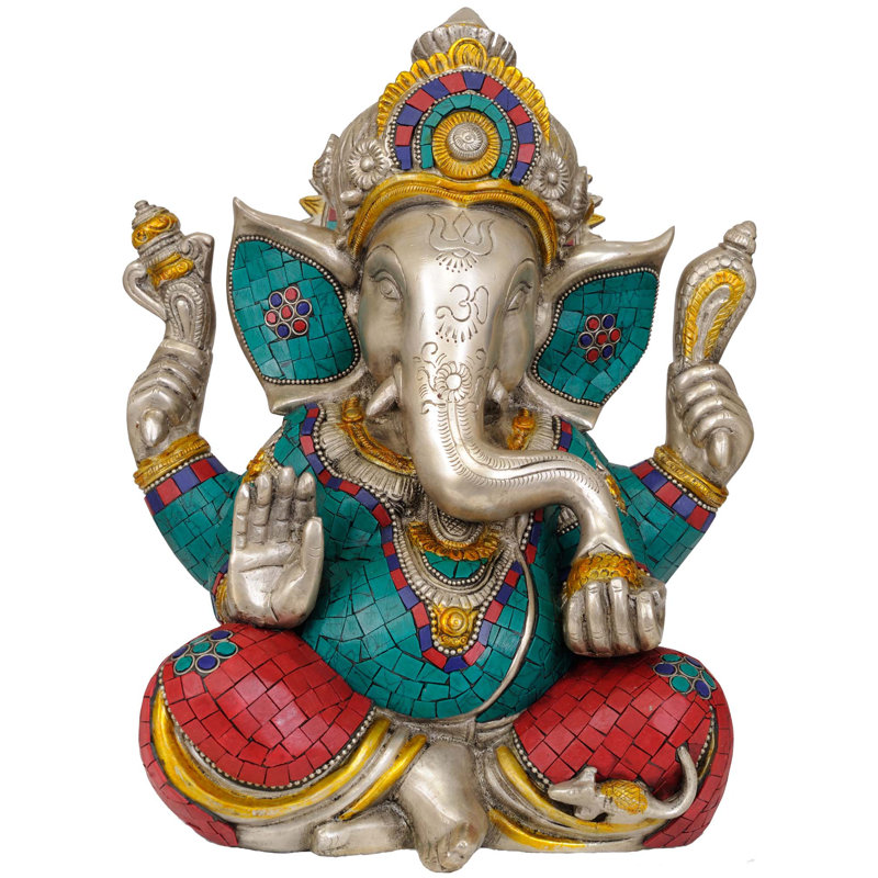Ganesha en laiton fait à la main en rouge Dhoti - idole indienne de 12 pouces, geste Abhaya Mudra, incrustation, laiton poli pour autel, entrée, décoration de cadeau