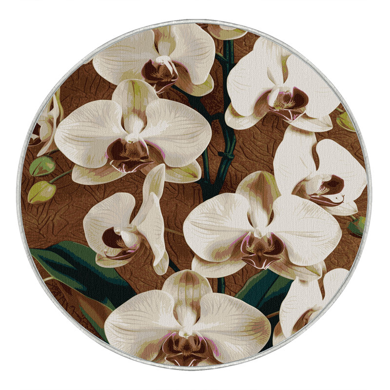 Tapis botanique beige lavable à la machine, Rond 5 pi