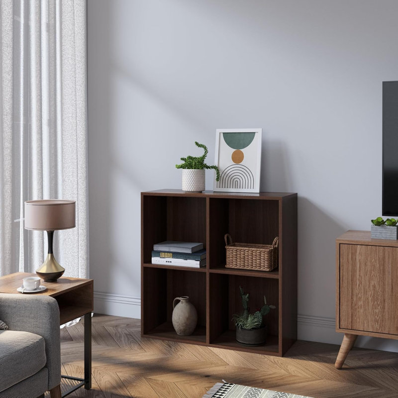 Latitude Run® Bookcase, 4 Cube Open Storage Organizer Display Bookshelf, Walnut