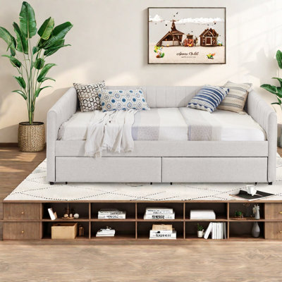 Lit Queen Size avec rangement, méridienne en lin, beige moderne pour la maison