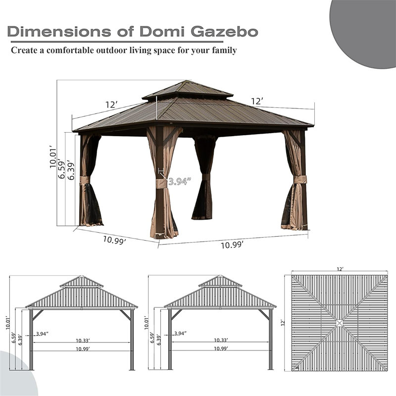 12' X 12' Hardtop Gazebo, Brown