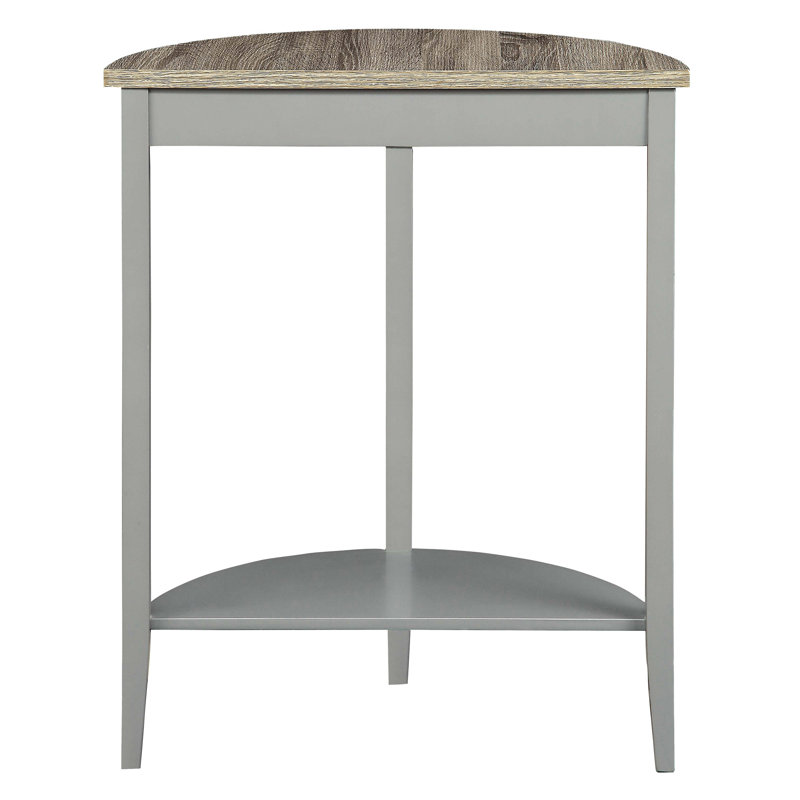 Console demi-lune grise pour l'aménagement et le rangement d'une entrée, avec étagère inférieure décorative