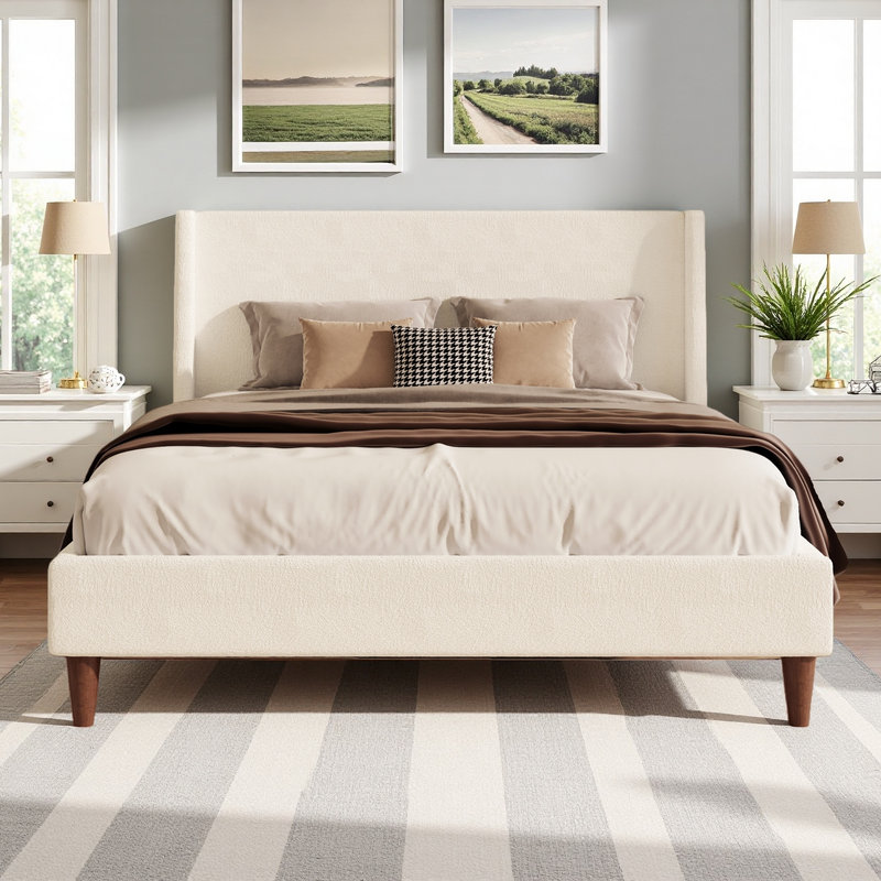 Wingback Upholstered Bed with Walnut Legs, Queen, Ivory Boucle